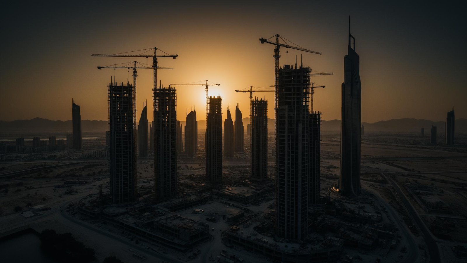 UAE construction skyline at golden hour